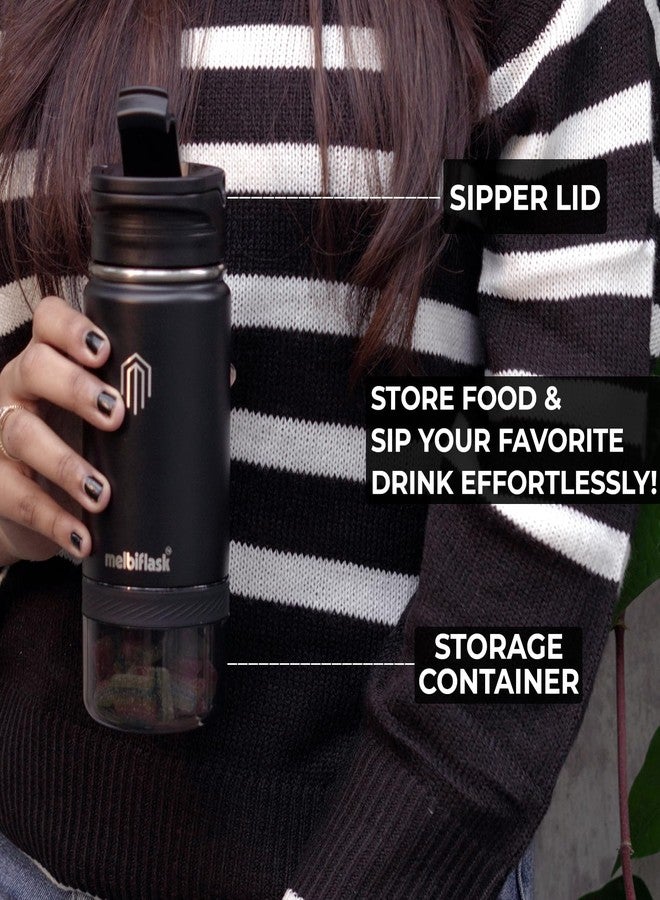 Melbify Melbiflask Mini | 2 in 1 Everyday Flask with Snack Compartment | 500 ml | Black | Hot 12 Hrs/Cold 24 Hrs | Wide Mouth | Easy Flip Lid | BPA-Free | Fits in Bag/Car | Ideal for School, Work, Gym - Image 4